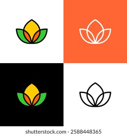 Cereal, fruit or nut colorful overlay line style minimalistic logo. Lotus flower elegant stylized symbol. Editable stroke.