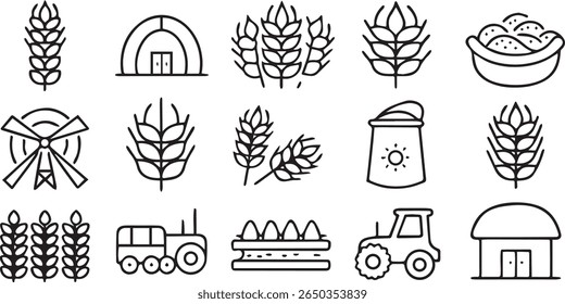 Ícones de cereais e grãos, campo de trigo, ferramentas de colheita, produtos agrícolas, vetor sólido preto editável