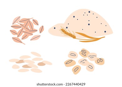 Cereal Grain Piles Isolated on White Background. Agricultural Production, Food Or Rustic Natural Plant, Product Crop Heaps with Scattered Seeds of Wheat, Rye, Oat. Cartoon Vector Illustration