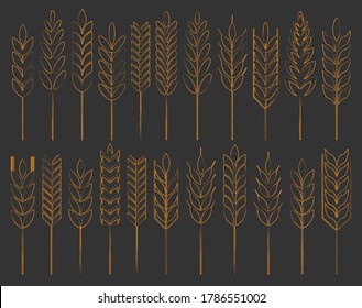 Cereal Grain Spikes Icon Shape Set. Agriculture Food Logo Symbol. Vector Illustration Image. Isolated On White Background. Oat, Whey, Barley, Rye.