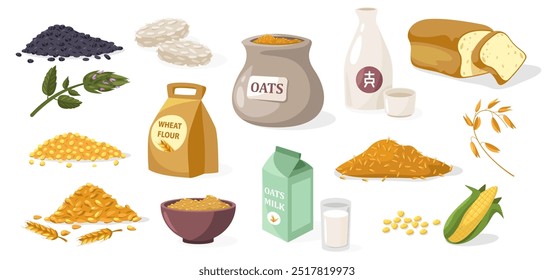 Cereal grains. Cartoon cereal flour rice wheat barley corn rye oats, organic food for breakfast, agriculture and farming concept. Vector set.