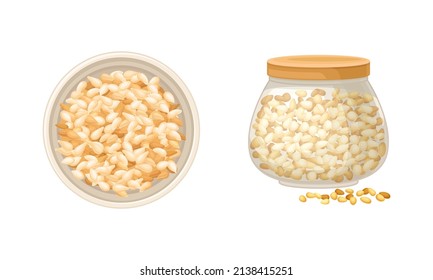 Cereal grains set. Bowl and glass jar of wheat, barley or rye grains vector illustration