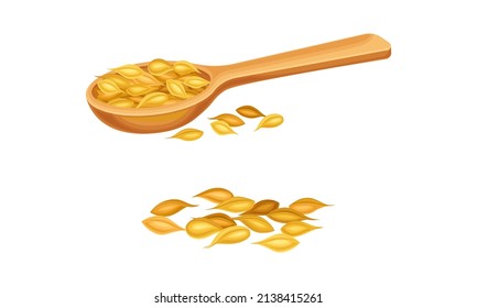 Cereal grains set. Wooden spoon of wheat, barley or rye grains vector illustration