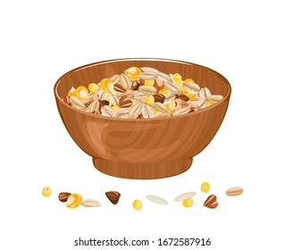 Cereal grains in wooden bowl. Vector illustration of different seeds in cartoon flat style. Organic healthy food.