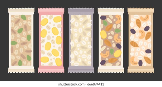 Cereal And Granola Bar, Nuts, Dry Fruits Such As Raisin, Cornflakes, Cashew Nuts, Almond, Pumpkin Seed, Sunflower Seed, Oat, Wheat In Transparent Packaging, Flat Design Vector