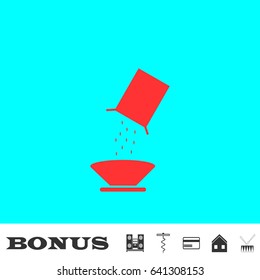 Cereal icon flat. Red pictogram on blue background. Vector illustration symbol and bonus buttons Music center, corkscrew, credit card, house, drum