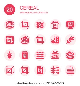 cereal icon set. Collection of 20 filled cereal icons included Pancake, Crop, Wheat, Gym bars, Breakfast, Cereal, Rice