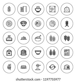 Cereal icon set. collection of 25 outline cereal icons with baguette, breakfast, bowl, cereal, flour, hay, grain, gym bars, pancake, rice, rye, soup icons. editable icons.