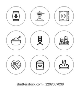Cereal icon set. collection of 9 outline cereal icons with baguette, breakfast, cereal, flour, rice, rye icons. editable icons.
