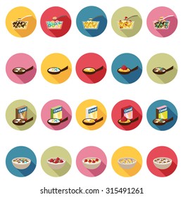 Cereal icons set in flat design with long shadow. Illustration EPS10