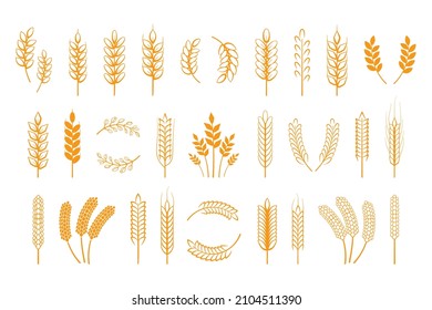 Cereal icons and wreath. Ears of corn logo, barley rice rye grain spices minimalistic laurel graphic. Vector bakery symbol set