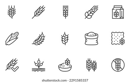 Cereal Line Icons Set. Wheat, Barley, Maize, Oatmeal, Flour, Grain. Editable Stroke. Pixel Perfect.
