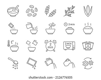 Cereal meal line icons. Vector outline illustration with icon - microwave oven, boiled kettle, grain food, warm healthy wheat food. Pictogram for oatmeal breakfast porridge. Editable Stroke