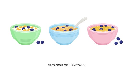 Icono vectorial del bol de desayuno de arándano de leche de cereales, avena y harina de avena, copos de maíz y granola. Plato de caricatura aislado sobre fondo blanco. Niños dulces comiendo ilustración