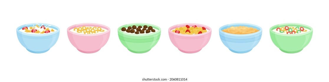 Cereal milk breakfast in bowl vector set, corn flakes and porridge oatmeal isolated on white background. Sweet kids food illustration