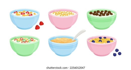 Desayuno de leche de cereales en ícono de vector intestinal, copos de maíz y avena, granola. Plato de alimentos sano aislado sobre fondo blanco. Niños dulces comiendo ilustración