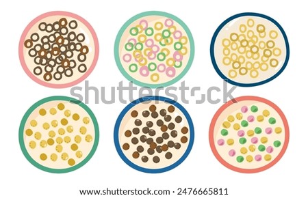 Cereal milk breakfast in bowl vector set, corn flakes and porridge oatmeal isolated on white background. Sweet kids food illustration
