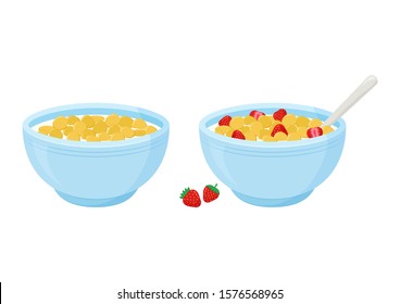 Cereal milk breakfast. Rolled oats.  Flakes with strawberry. Ceramic bowl with spoon. Healthy food for kids. Vector illustration