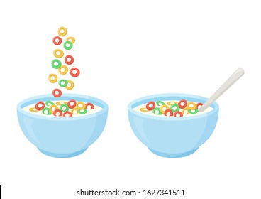 Cereal milk breakfast. Rolled oats.  Bowl with falling sweet flakes, colorful crisp rings in milk. Healthy food. Vector illustration