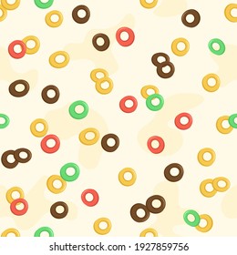 Cereal milk breakfast seamless pattern. Cartoon oatmeal. Cute background with different sweet cornflakes. Fruits and chocolate colorful cereal loops. Vector illustration