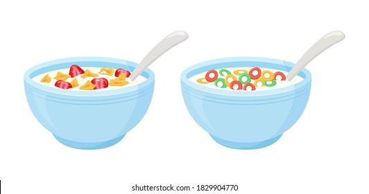 Cereal milk breakfast vector. Rolled oats bowl, colorful crisp, sweet flakes with strawberry. Healthy food illustration