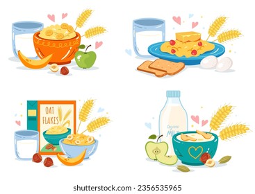 Cereal milk healthy oatmeal breakfast isolated set. Vector flat graphic design illustration