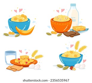 Cereal milk healthy oatmeal breakfast isolated set. Vector flat graphic design illustration