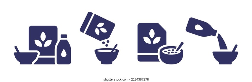 Cereal with milk icon set. Breakfast symbol vector illustration.