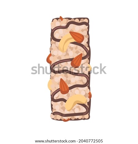 Cereal muesli bar with cashew nuts and almonds decorated with a caramel pattern. Sports nutrition. Vector isolated on white background