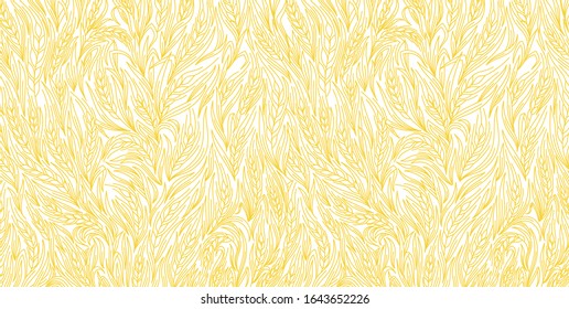 Cereal plant background. Leaves and ears of wheat wrapper. Agriculture straw. Orange golden contour line vector banner.