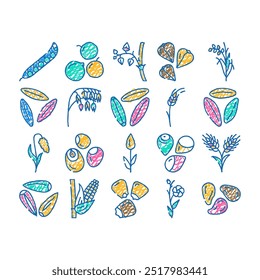 planta de cereais comida saudável doodle ícones definir vetor. esboço linha arte tigela de café da manhã, milho de leite, trigo grão, lanche de manhã, refeição orgânica, planta de cereais doce saudável comida cor ilustrações