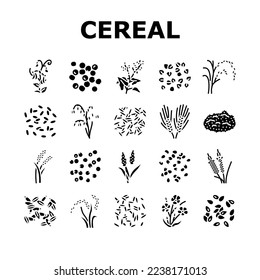 cereal plant healthy food icons set vector. breakfast bowl, milk corn, wheat grain, snack morning, organic meal, sweet cereal plant healthy food glyph pictogram Illustrations