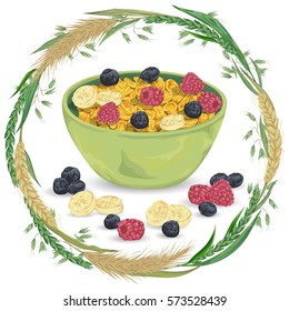 Cereal porridge in bowl with raspberry, blueberry, banana and wreath with cereals. Barley, wheat, rye and oat. Healthy breakfast. Isolated elements. Hand drawn vector illustration