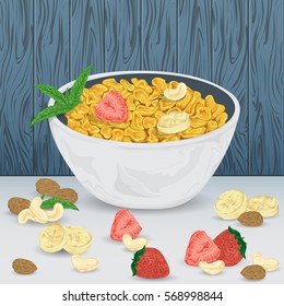 Cereal porridge in bowl with strawberry, banana, almond, cashew and mint leaves on wooden background. Healthy breakfast. Isolated elements. Hand drawn vector illustration