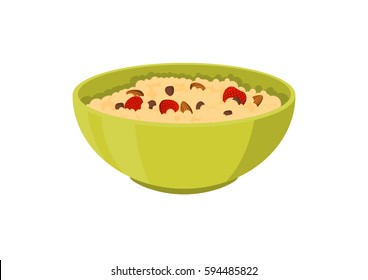 Cereal porridge breakfast with strawberry and hazelnut. Flat vector illustration isolated on white