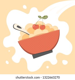 Cereal, porridge vector. Porridge, cereal bowl retro vector illustration for menu, package, ad, print. Millet porridge, cereal bowl with cherry, spoon. Cereal bowl, millet porridge on vector milk.