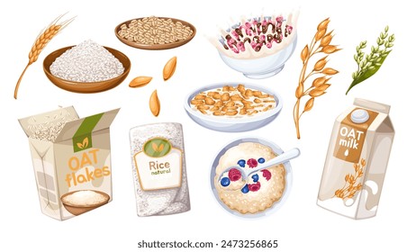 Productos de cereal y set de dibujos animados de alimentos. Avena madura, plantas de trigo y mijo, copos y arroz para cocinar gachas de cereales. Plato de granos y tazón de cartón de harina de avena, leche y Ilustración vectorial de bayas