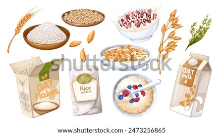 Cereal products and food cartoon set. Ripe oat, wheat and millet plants, flakes and rice for cooking cereal porridge. Plate of grains and cartoon bowl of oatmeal, milk and berry vector illustration