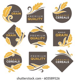 Cereal Products Vector Logo Templates Set For Muesli Or Organic Porridge And Flour. Symbols Of Wheat Or Rye Ears And Grain, Buckwheat And Oat Or Barley Millet And Rice