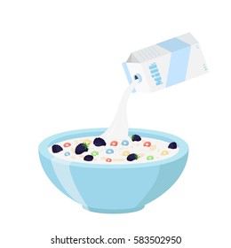 Cereal rings with blackberry, milk in oatmeal breakfast. Organic muesli. Flat vector style.