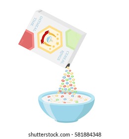 Cereal rings box with bowl. Oatmeal breakfast with milk, organic muesli. Flat vector style.