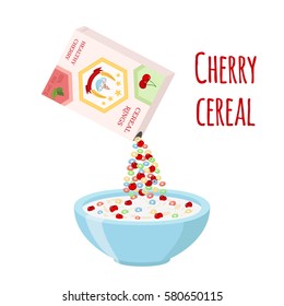 Cereal rings box, cherry with bowl. Oatmeal breakfast with milk, organic muesli. Flat vector style.