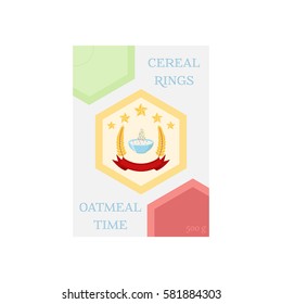 Cereal rings in box. Oatmeal breakfast with milk, organic muesli. Flat vector style.