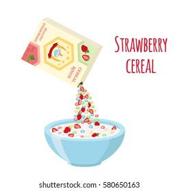 Cereal rings box, strawberry with bowl. Oatmeal breakfast with milk, organic muesli. Flat vector style.
