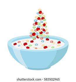 Cereal rings, cherry with bowl. Oatmeal breakfast with milk, organic muesli. Flat vector style.