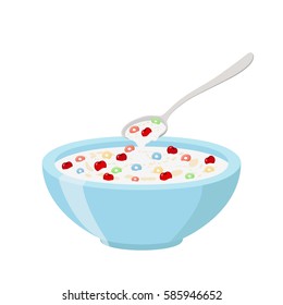 Cereal rings, cherry, spoon and bowl. Oatmeal breakfast with milk, organic muesli. Flat vector style.