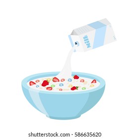 Cereal rings with strawberry, milk in oatmeal breakfast. Organic muesli. Flat vector style.