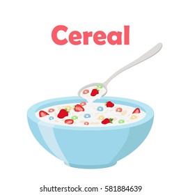 Cereal rings, strawberry, spoon and bowl. Oatmeal breakfast with milk, organic muesli. Flat vector style.