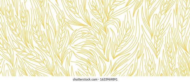 Cereal rye bread background. Leaves and ears of wheat wrapper. Agriculture straw. Orange contour line vector. Horizontal banner.