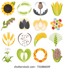 Cereal seeds grain product badge vector logo templates set natural plant muesli grainy organic porridge flour illustration.